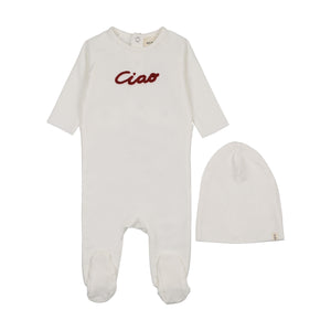 Baby Girl Footie + Hat | French Terry Embroidered Word Art | Winter White - Rosewood Stitching| Mema Knits | AW26