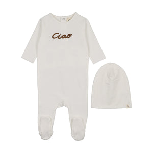 Baby Boy Footie + Hat | French Terry Embroidered Word Art | Winter White - Otter | Mema Knits | AW26