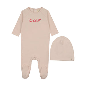Baby Girl Footie + Hat | French Terry Embroidered Word Art |Baby Blush - Neon Pink | Mema Knits | AW26
