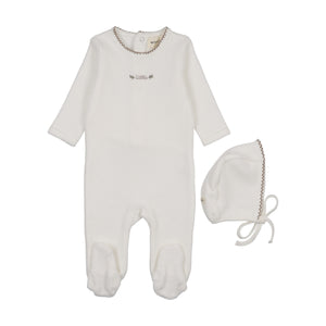 Baby Neutral Footie + Hat | Velour W/ Embroidery | Winter White | Mema Knits | AW26