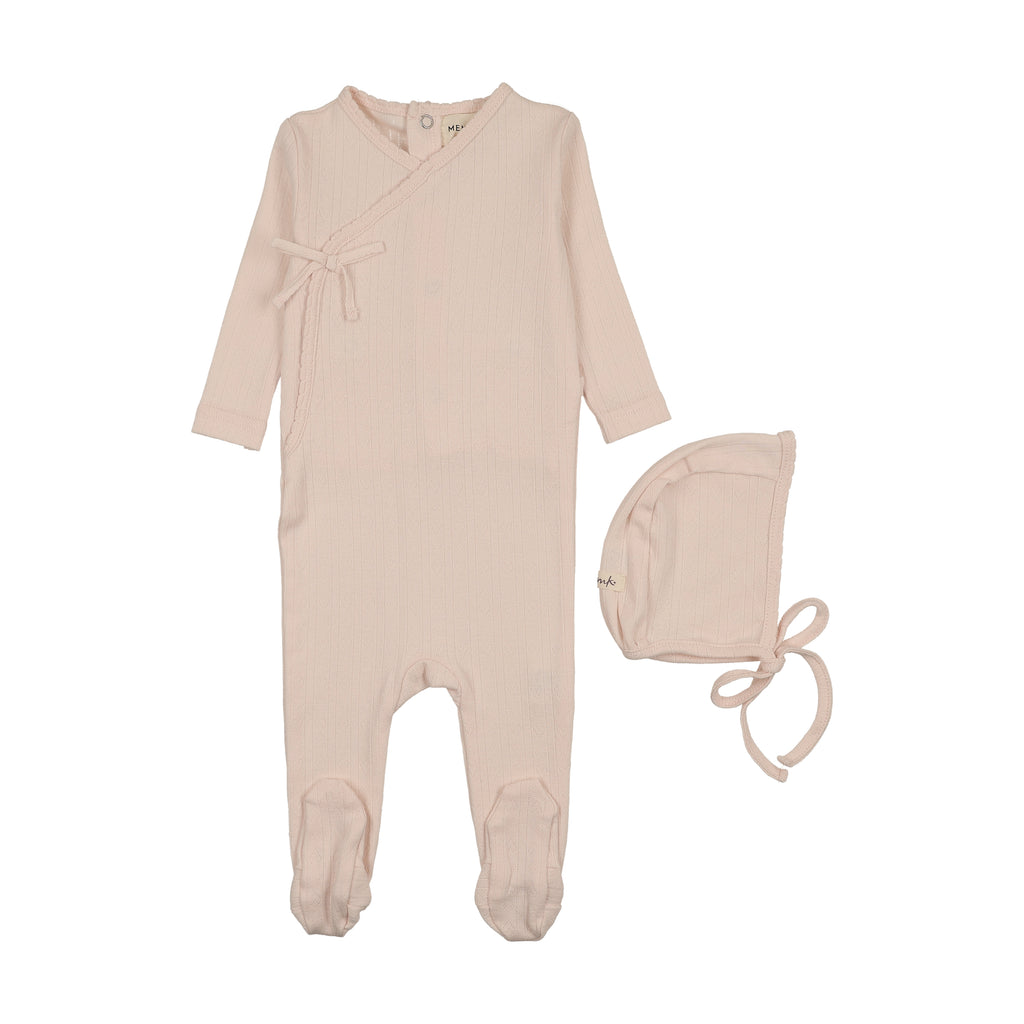 Baby Girl Footie + Hat | Mock Wrap Pointelle | Baby Blush | Mema Knits | AW26