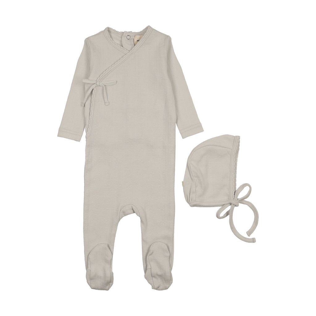Baby Boy Footie + Hat | Mock Wrap Pointelle | Ice Blue| Mema Knits | AW26