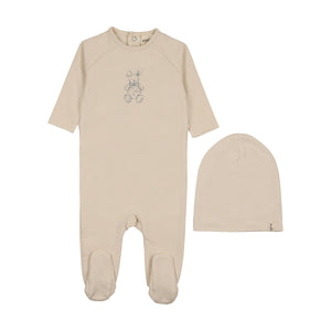 Baby Boy Footie + Hat | Vintage Bunny Print | Light Beige - Blue | Mema Knits | AW26