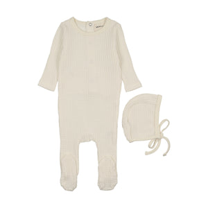 Baby Boy Footie + Hat | Honeycomb Waffle Trimmed | Ivory With Picot Edge | Mema Knits | AW26