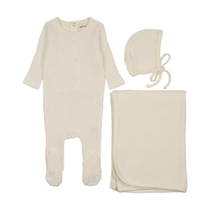 Baby Boy Layette Set | Honeycomb Waffle Trimmed | Ivory | Mema Knits | AW26