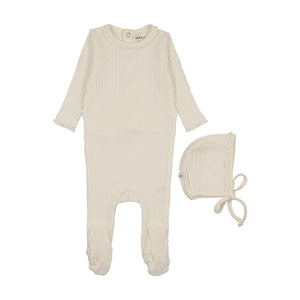 Baby Girl Footie + Hat | Honeycomb Waffle Trimmed | Ivory With Picot Edge | Mema Knits | AW26