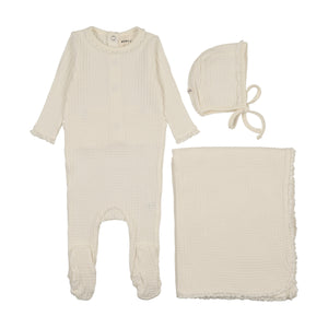 Baby Girl Layette Set | Honeycomb Waffle Trimmed | Ivory With Picot Edge | Mema Knits | AW26