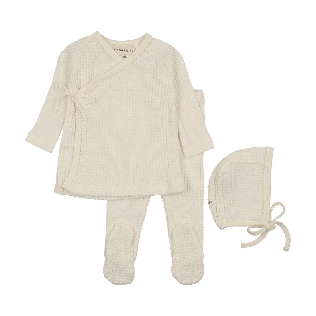 Baby Neutral 2 Piece Set + Bonnet | Waffle Ruffle Trimmed | Ivory | Mema Knits | AW26