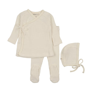 Baby Neutral 2 Piece Set + Bonnet | Waffle Ruffle Trimmed | Ivory | Mema Knits | AW26
