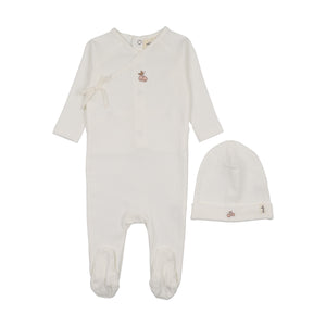Baby Girl Footie + Hat | Cherry Print Mock Wrap | Winter White + Pink Cherry | Mema Knits | AW26