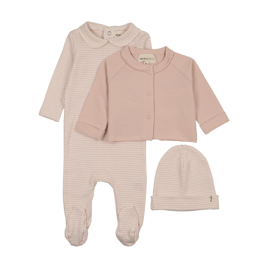Baby Girl Footie + Cardigan + Hat | Striped Collared | Pale Rose | Mema Knits | AW26