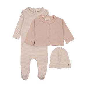 Baby Girl Footie + Cardigan + Hat | Striped Collared | Pale Rose | Mema Knits | AW26