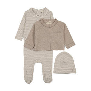 Baby Boy Footie + Cardigan + Hat | Striped Collared | Beige Melange | Mema Knits | AW26