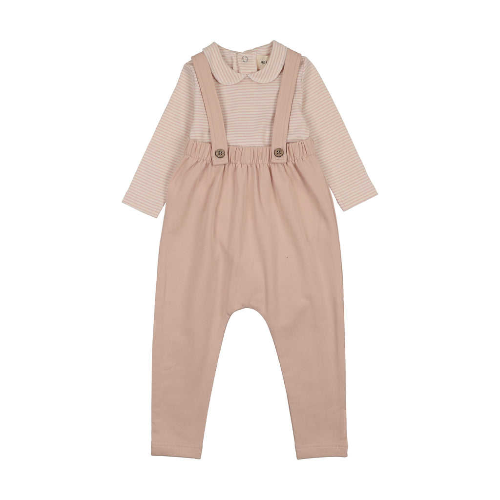 Baby Girl 2 Piece Set |  French Terry Overall + Striped Collared Onesie | Pale Rose | Mema Knits | AW26