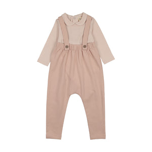 Baby Girl 2 Piece Set |  French Terry Overall + Striped Collared Onesie | Pale Rose | Mema Knits | AW26