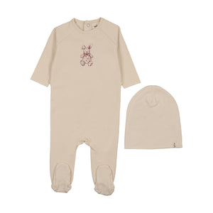 Baby Girl Footie + Hat | Vintage Bunny Print | Baby Blush - Pink | Mema Knits | AW26