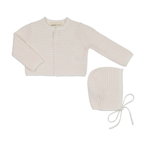 Baby Girl Cardigan + Bonnet | Knit Cropped | White + Baby Blush Stripes | Mema Knits | AW26