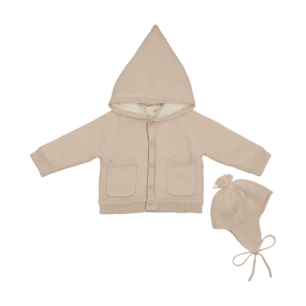 Baby Boy Jacket + Hat | Hooded Knit Sherpa Lined | Sand | Mema Knits | AW26