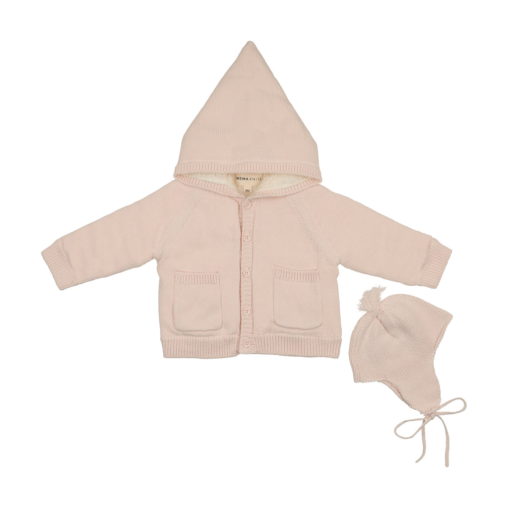 Baby Girl Jacket + Hat | Hooded Knit Sherpa Lined | Baby Blush | Mema Knits | AW26
