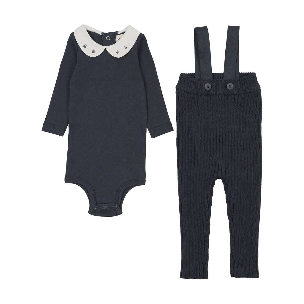 Baby Girl 2 Piece Set | Knit Overall + Embroidered Collared Onesie | Navy | Mema Knits | AW26