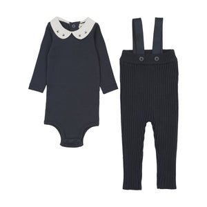 Baby Girl 2 Piece Set | Knit Overall + Embroidered Collared Onesie | Navy | Mema Knits | AW26