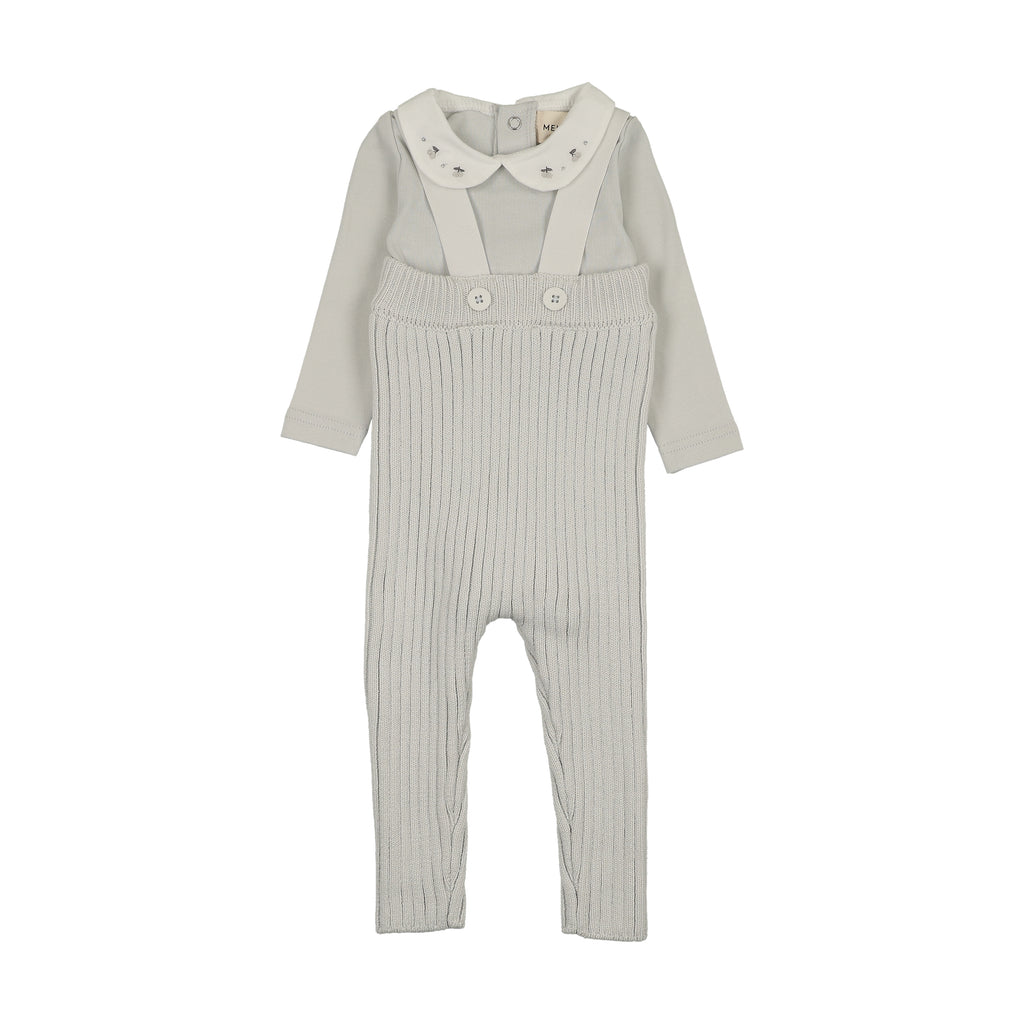 Baby Boy 2 Piece Set | Knit Overall + Embroidered Collared Onesie | Ice Blue | Mema Knits | AW26