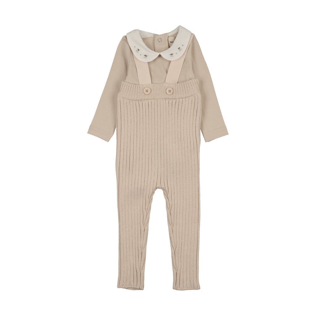 Baby Boy 2 Piece Set | Knit Overall + Embroidered Collared Onesie | Sand | Mema Knits | AW26