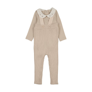 Baby Boy 2 Piece Set | Knit Overall + Embroidered Collared Onesie | Sand | Mema Knits | AW26