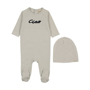 Baby Boy Footie + Hat | French Terry Embroidered Word Art | Ice Blue - Navy | Mema Knits | AW26