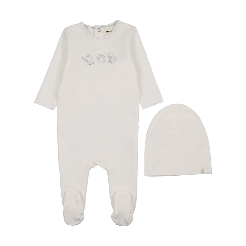Baby Boy Footie + Hat + Bib | Embroidered Stitch Teddy |Winter White - Blue Stitching | Mema Knits | AW26