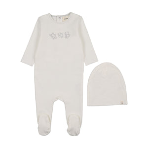 Baby Boy Footie + Hat + Bib | Embroidered Stitch Teddy |Winter White - Blue Stitching | Mema Knits | AW26