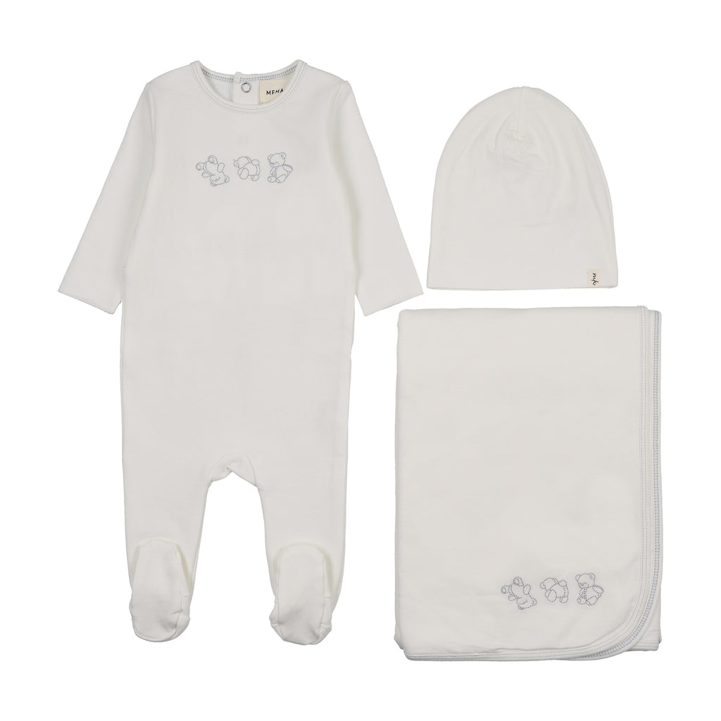 Baby Boy Layette Set | Embroidered Stitch Teddy | Winter White - Blue Stitching | Mema Knits | AW26