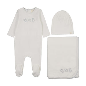 Baby Boy Layette Set | Embroidered Stitch Teddy | Winter White - Blue Stitching | Mema Knits | AW26