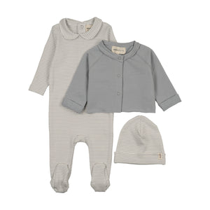 Baby Boy Footie + Cardigan + Hat | Striped Collared | Dove Blue | Mema Knits | AW26