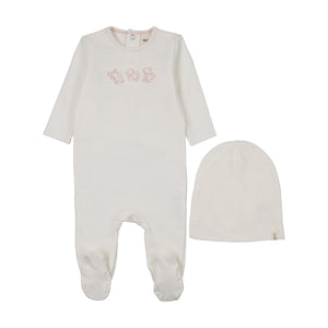 Baby Girl Footie + Hat + Bib | Embroidered Stitch Teddy |Winter White - Pink Stitching | Mema Knits | AW26