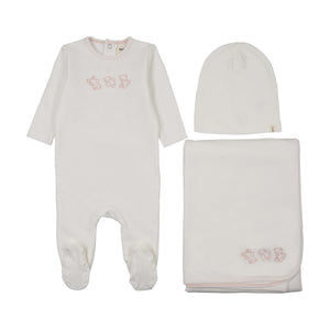 Baby Girl Layette Set | Embroidered Stitch Teddy | Winter White - Pink Stitching | Mema Knits | AW26