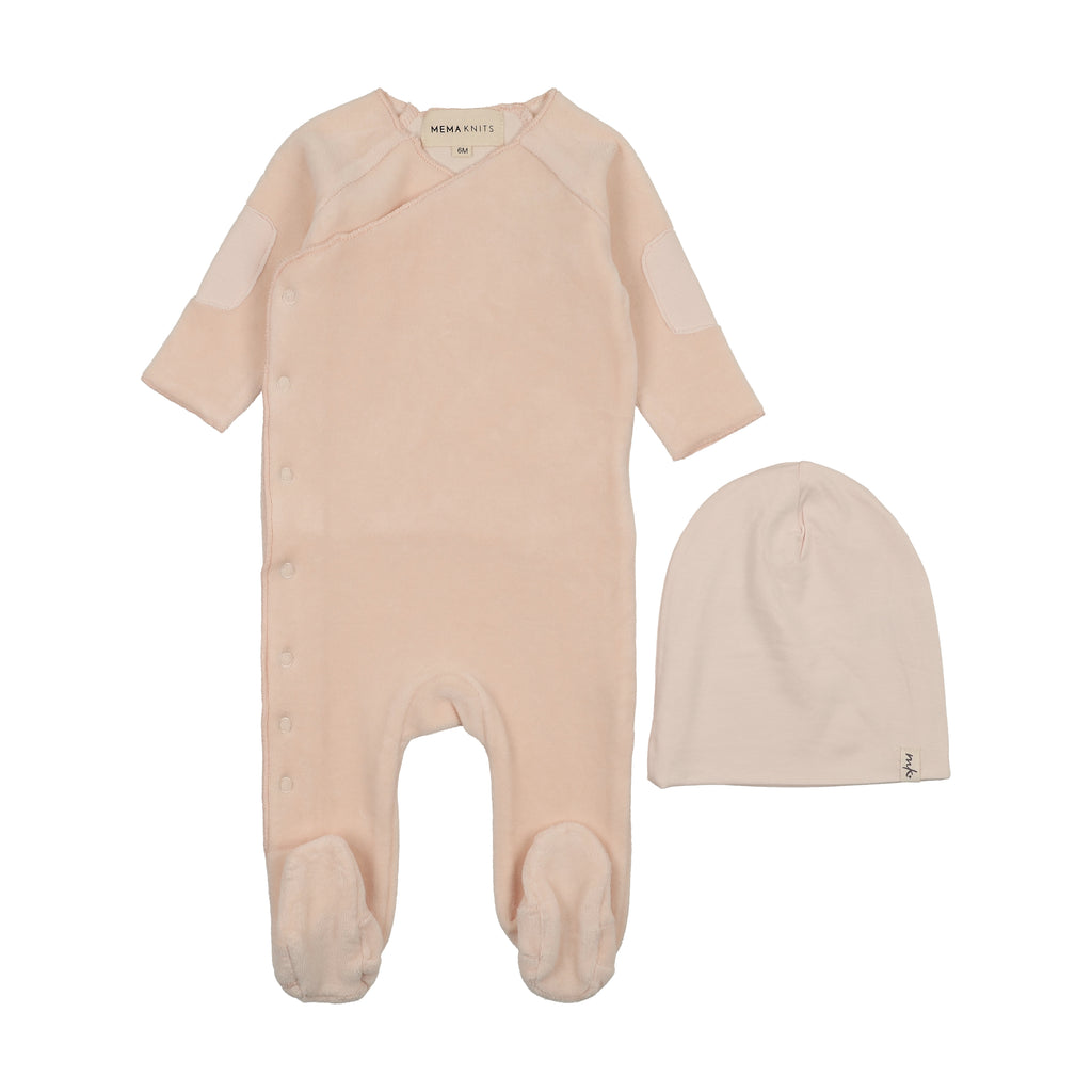 Baby Girl Footie + Hat | Velour Side Snap | Baby Blush | Mema Knits | AW26