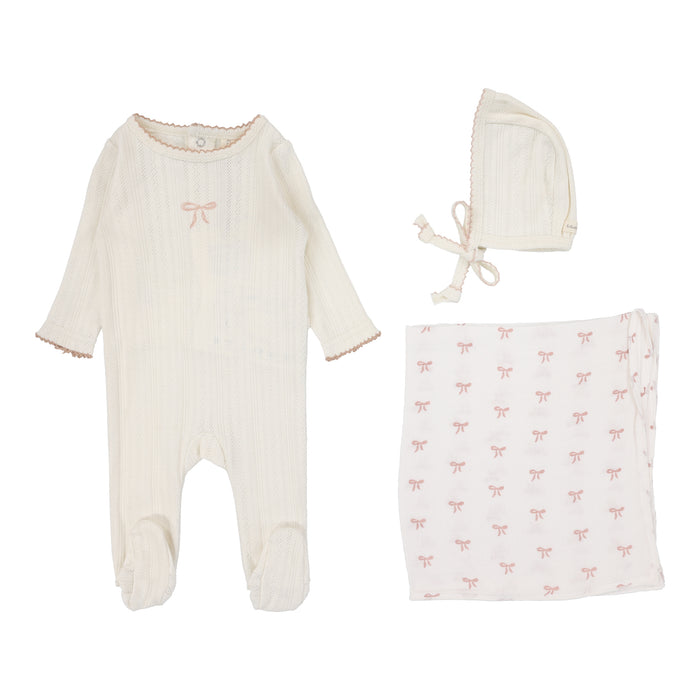 Baby Girl Layette Set | Pointelle Graphic | Cream/Pink Bow | Lil Legs | Aw25