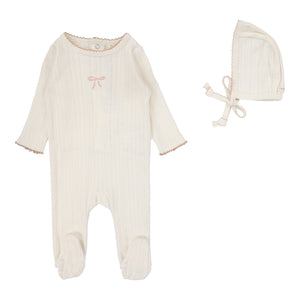 Baby Girl Footie Set | Pointelle Graphic | Cream/Pink Bow | Lil Legs | Aw25