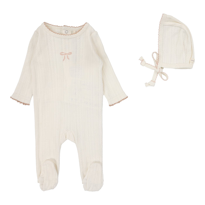 Baby Girl Footie Set | Pointelle Graphic | Cream/Pink Bow | Lil Legs | Aw25