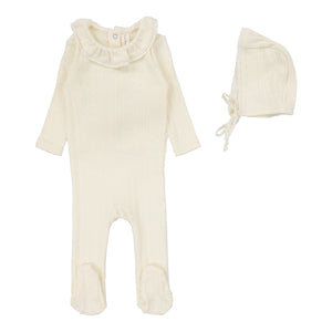 Baby Girl Footie Set | Fine Pointelle Collar | Cream Ruffle | Lil Legs | Aw25