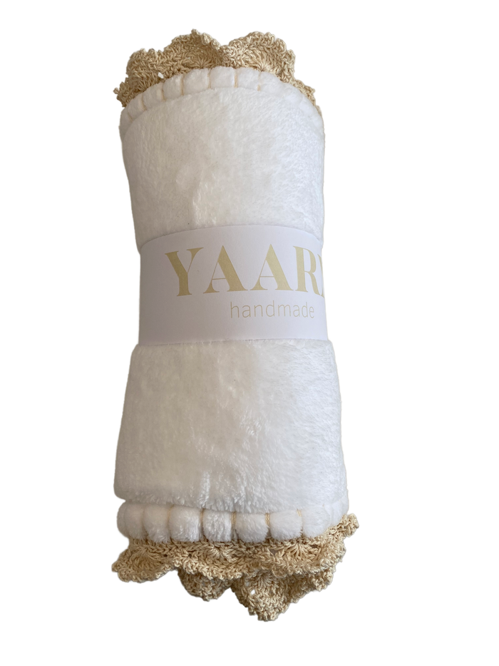 Fleece Baby Blanket | White With Beige Trim | Yaarn