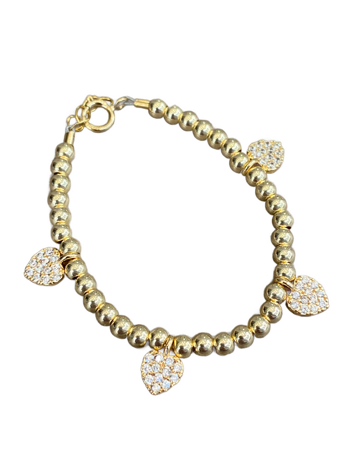 Baby Charm Bracelet | Gold Beads with Pave Heart Charms