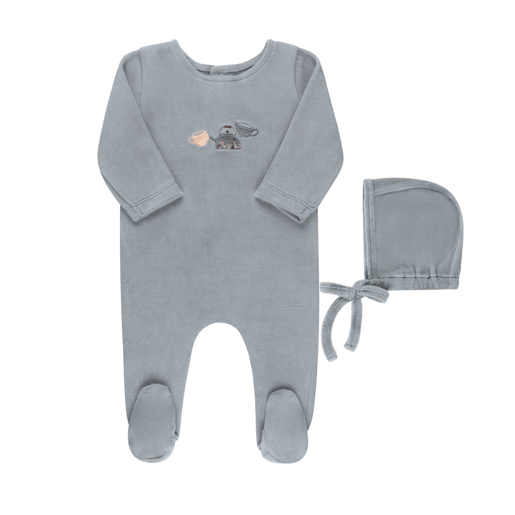 Baby Boy Footie + Hat | Embroidered Teapot Collection | Blue | Tricot | AW25