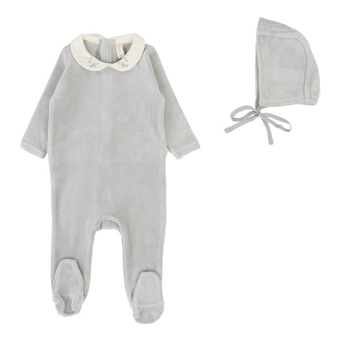 Baby Boy Footie Set | Velour Collar | Dusty Blue | Lil Legs | Aw25