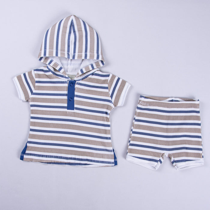 Baby Boy 2 Piece Outfit | Stripes in a Snap Ensemble | Blue & Taupe | Mon Tresor | SS23