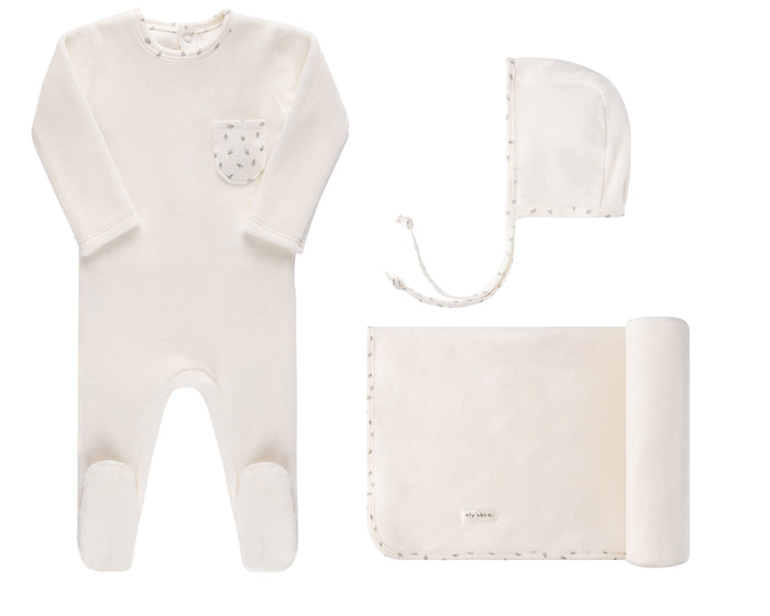 Baby Boy Layette Set | Velour Tiny Flower Collection | Ivory/Blue | Ely's & Co. | AW22
