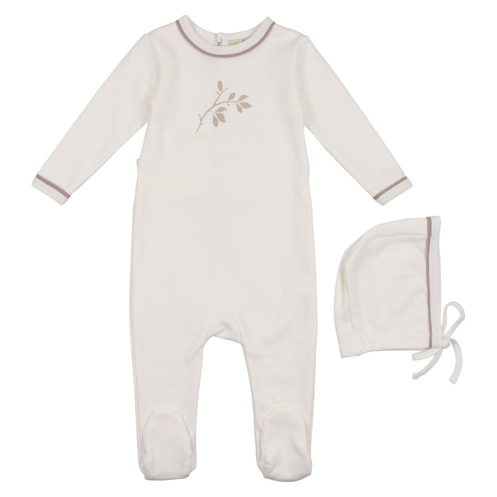 Baby Boy Footie + Bonnet | Dainty Leaves | Ivory & Taupe | Mon Tresor | SS23
