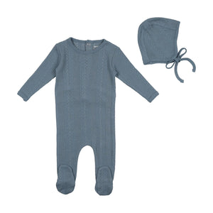 Baby Boy Footie + Bonnet | Cable Weave | Mid Blue | Bee and Dee | AW22