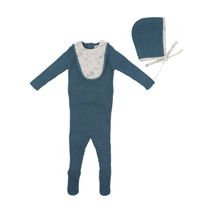 Baby Boy Footie + Bonnet | Knit Print Bib | Cashmere Blue | Bee and Dee | AW22